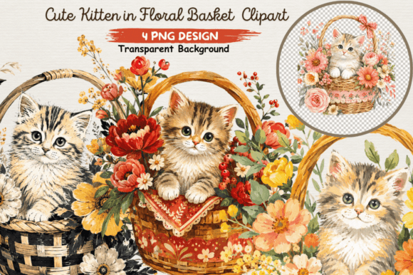 Download Cute Kitten in Floral Basket PNG Design - Png Collection